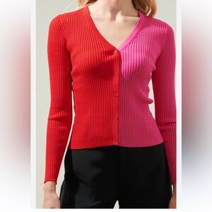 Strut & Bolt Button Up Color Block Ribbed Cardigan Large Pink Red Valentines